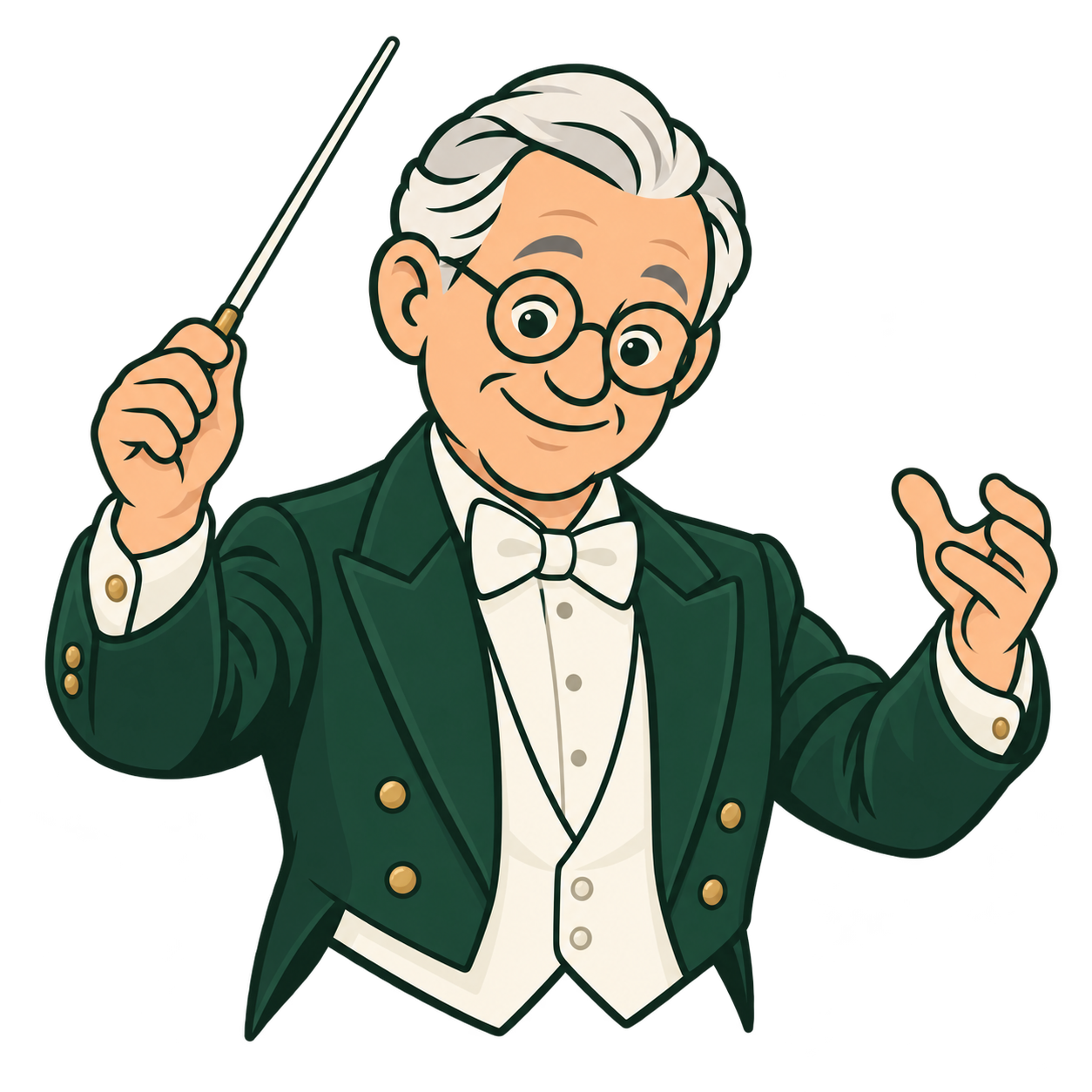 The Coordiñare conductor, a smiling silver-haired gentleman in a green tailcoat, guiding with his baton.